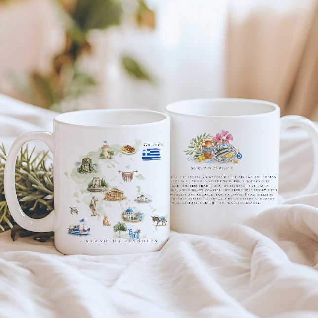 Watercolor Illustrated Map Greece | Monogram Coffee Mug (Creator Uploaded)