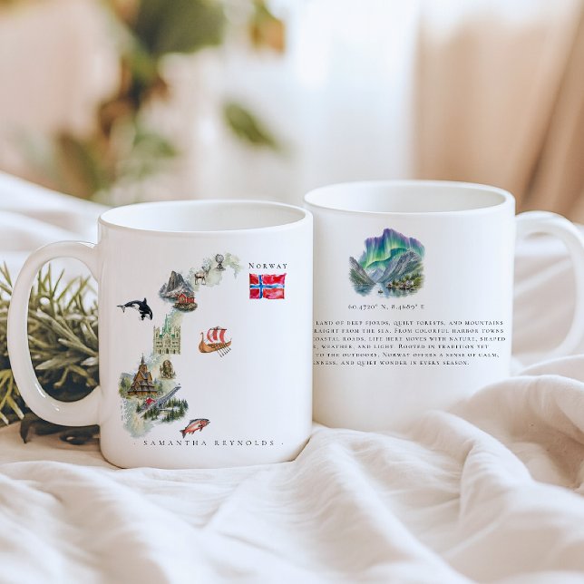 Watercolor Illustrated Map Norway | Monogram Coffee Mug (Creator Uploaded)