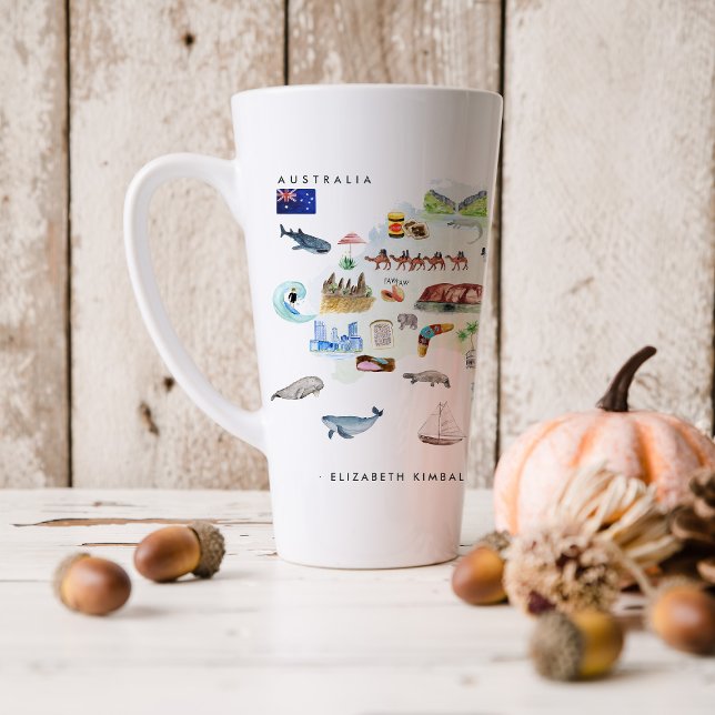 Watercolor Illustrated Map of Australia | Monogram Latte Mug (Creator Uploaded)