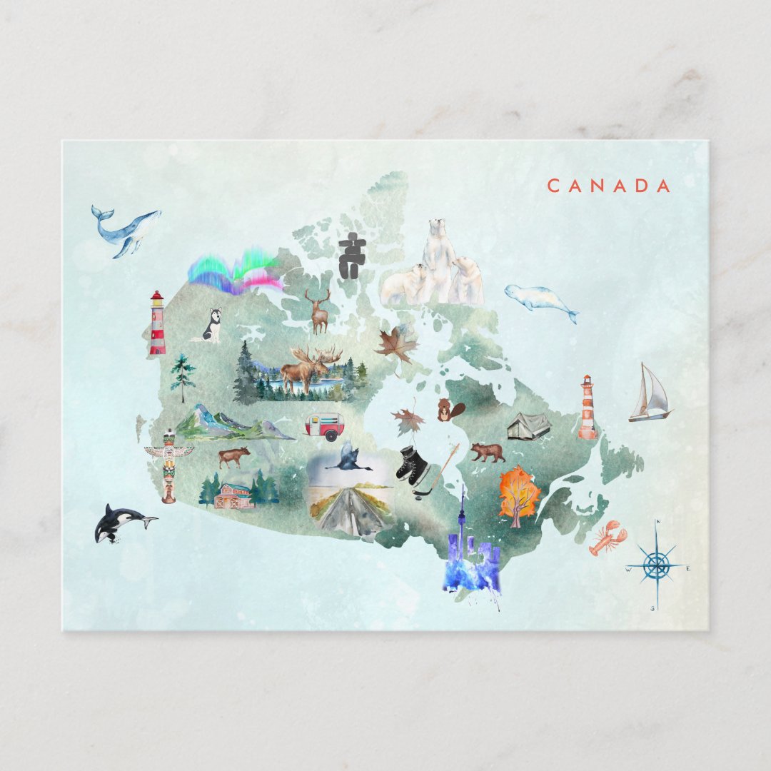 Watercolor Illustrated Map of Canada Art Postcard | Zazzle