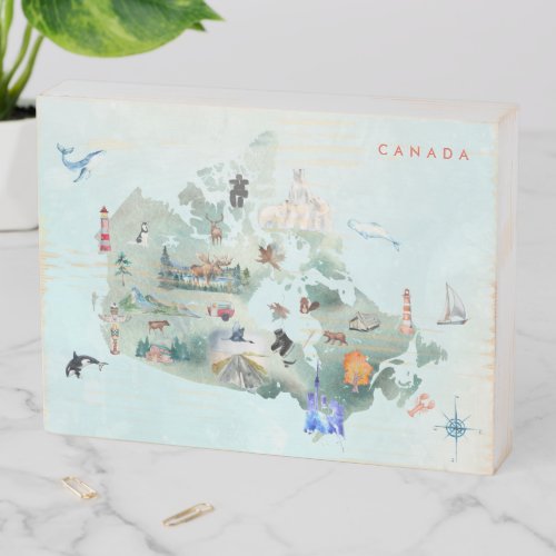 Watercolor Illustrated Map of Canada Art Wooden Box Sign
