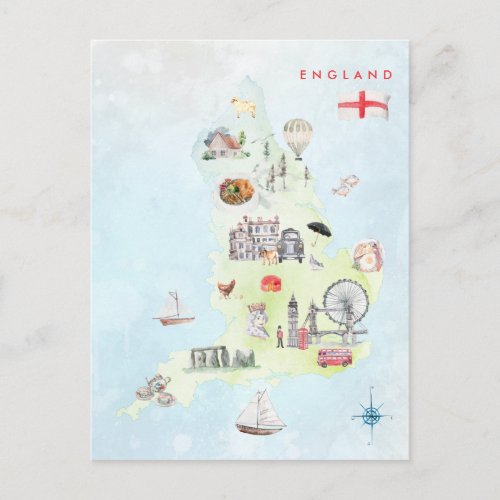 Watercolor Illustrated Map of England Art Postcard