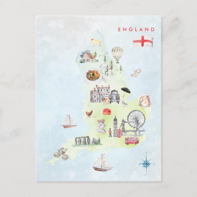 Watercolor Illustrated Map of England Art Postcard (Front)