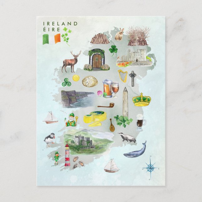 Watercolor Illustrated Map of Ireland Art Postcard (Front)