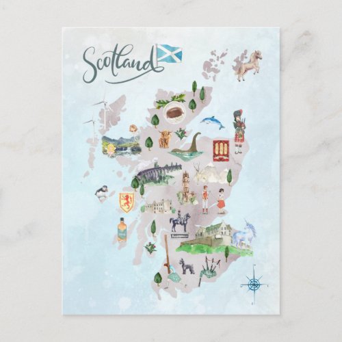 Watercolor Illustrated Map of Scotland Art Postcard