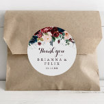Watercolor Illustrated Thank You Wedding Favor Classic Round Sticker<br><div class="desc">This watercolor illustrated thank you wedding favor classic round sticker is perfect for a simple wedding. The design features artistic hand-painted watercolor navy blue, burgundy, red, blush roses and peonies with elegant green leaves, inspiring the colorful idyllic autumn beauty. Make the sticker labels your own by including your names, the...</div>
