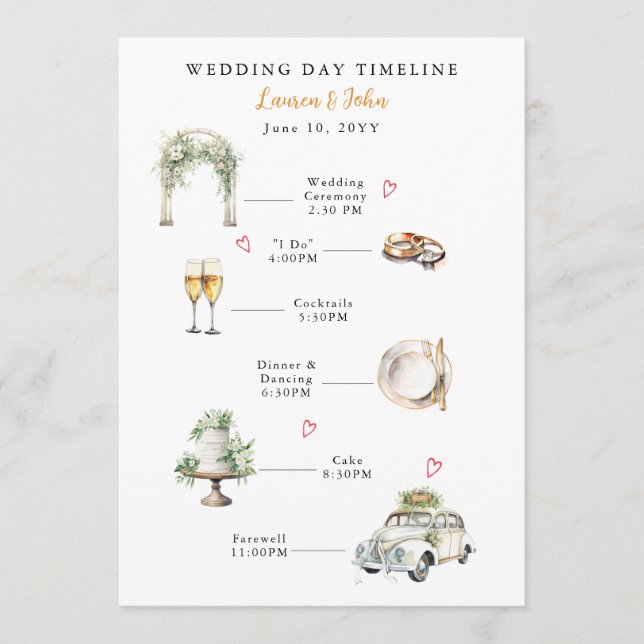 Watercolor Illustrated wedding day timeline Program (Front)