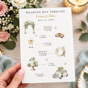 Watercolor Illustrated wedding day timeline Program