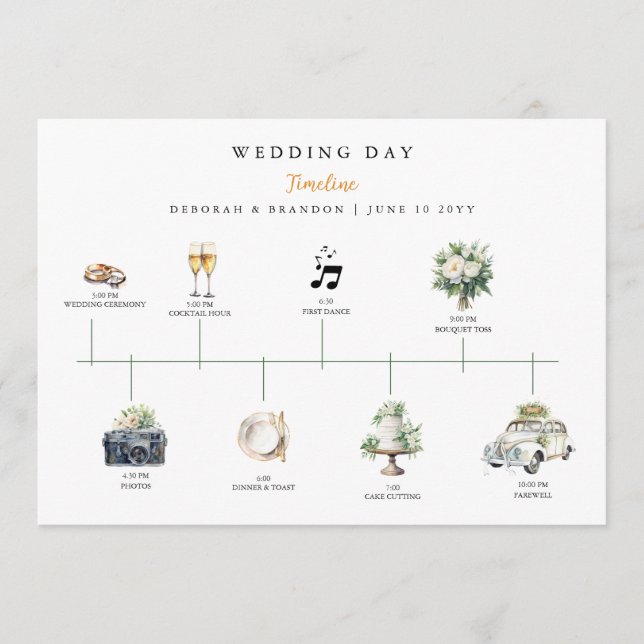 Watercolor Illustrated Wedding day Timeline  Program (Front)