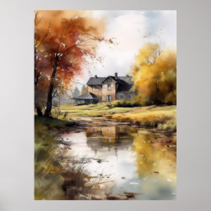 Watercolor Illustration Autumn Scenery Print