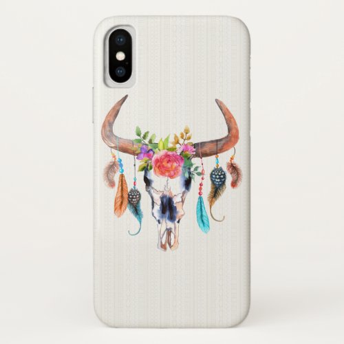 Watercolor Illustration Bull Skull Beige Tribal iPhone X Case