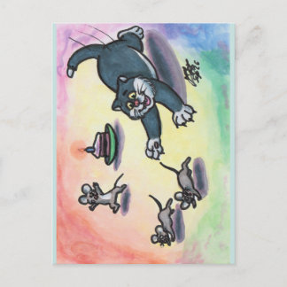Watercolor Illustration Cat Cartoon Cake Mouse  Postcard