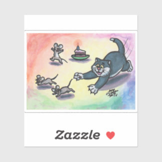 Watercolor Illustration Cat Cartoon Cake Mouse  Sticker