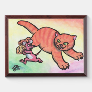 Watercolor Illustration Cat Mouse Cheese cartoon Award Plaque