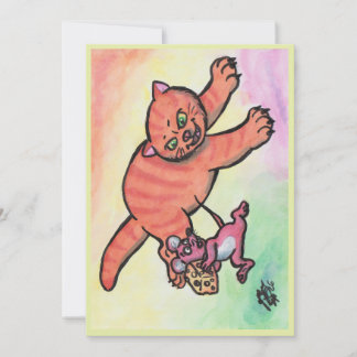 Watercolor Illustration Cat Mouse Cheese cartoon  Invitation