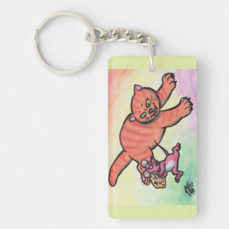 Watercolor Illustration Cat Mouse Cheese cartoon  Keychain