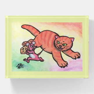 Watercolor Illustration Cat Mouse Cheese cartoon Paperweight