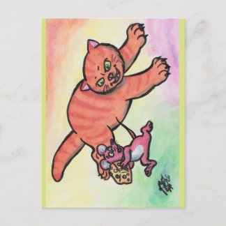 Watercolor Illustration Cat Mouse Cheese cartoon  Postcard