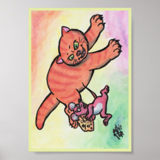 Watercolor Illustration Cat Mouse Cheese cartoon  Poster