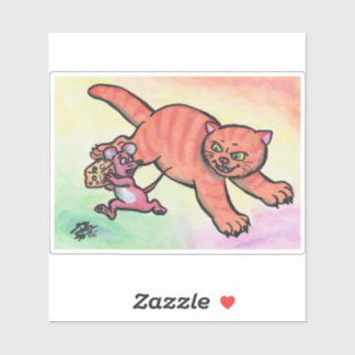 Watercolor Illustration Cat Mouse Cheese cartoon  Sticker