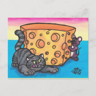 Watercolor Illustration Comic Cartoon Cat Mouse Postcard