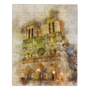 Watercolor Illustration Notre Dame Cathedral Paris Jigsaw Puzzle