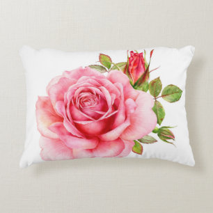 Watercolor illustration of a delicate pink rose wi accent pillow