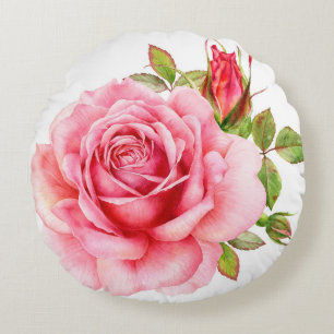 Watercolor illustration of a delicate pink rose wi round pillow
