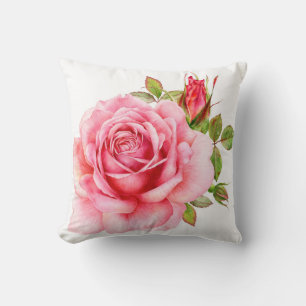 Watercolor illustration of a delicate pink rose wi throw pillow