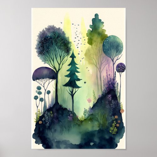 Watercolor illustration of a fairy tale forest poster