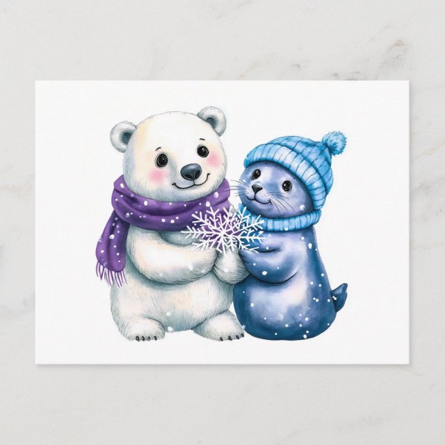 Watercolor Illustration of a Polar Bear and Seal Postcard (Front)