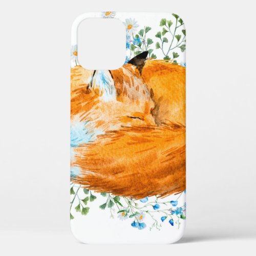 watercolor illustration of a sleeping fox red fox iPhone 12 case