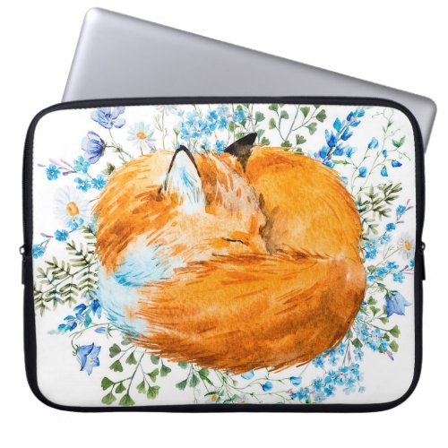 watercolor illustration of a sleeping fox red fox laptop sleeve