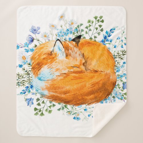 watercolor illustration of a sleeping fox red fox sherpa blanket