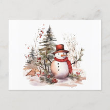 Watercolor illustration of a snowman in a hat and 