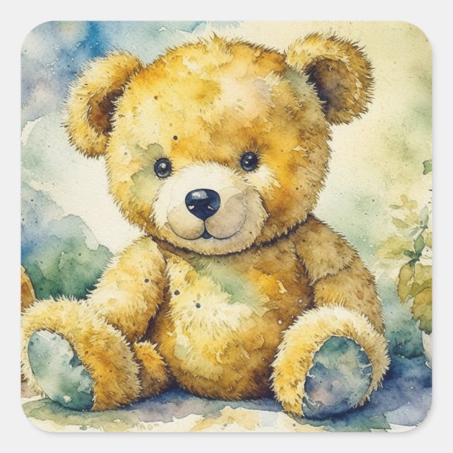 Watercolor Illustration of a Teddy Bear Thank You Square Sticker (Front)