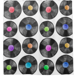 Watercolor illustration of a vinyl lp retro record shower curtain