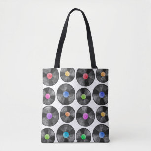 Watercolor illustration of a vinyl lp retro record tote bag