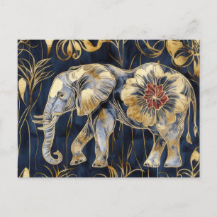 watercolor illustration of an elephant with flower postcard