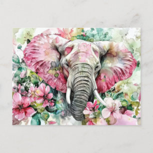 watercolor illustration of an elephant with flower postcard