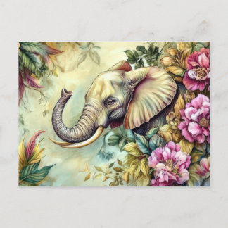 watercolor illustration of an elephant with flower postcard