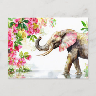 watercolor illustration of an elephant with flower postcard