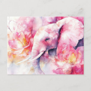 watercolor illustration of an elephant with flower postcard