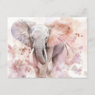 watercolor illustration of an elephant with flower postcard