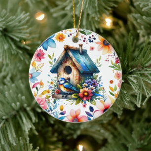 Watercolor Illustration of Birdhouse and Bird Ceramic Ornament