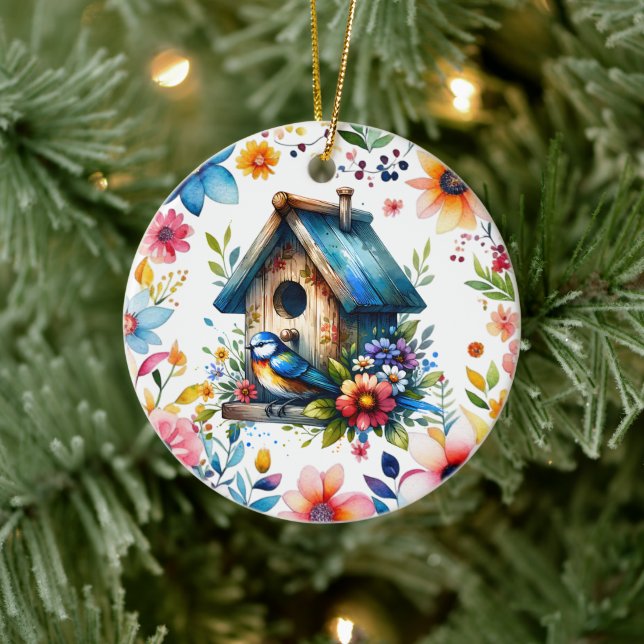  Watercolor Illustration  of Birdhouse and Bird  Ceramic Ornament (Tree)