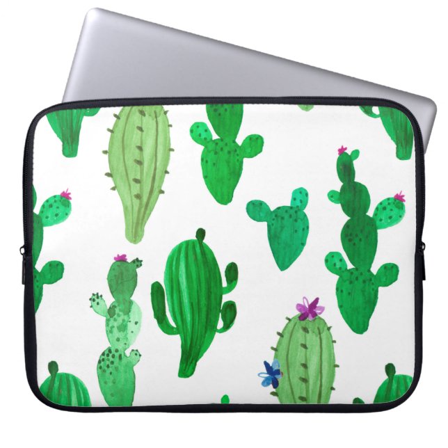 Watercolor illustration of green ink desert cactus laptop sleeve (Front)