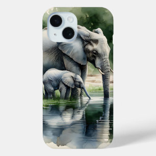 Watercolor Illustration of Mama and Baby Elephant iPhone 15 Case