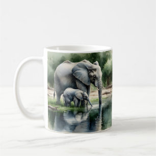 Watercolor Illustration of Mama and Baby Elephant Coffee Mug