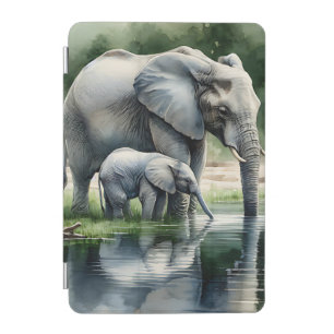 Watercolor Illustration of Mama and Baby Elephant iPad Mini Cover